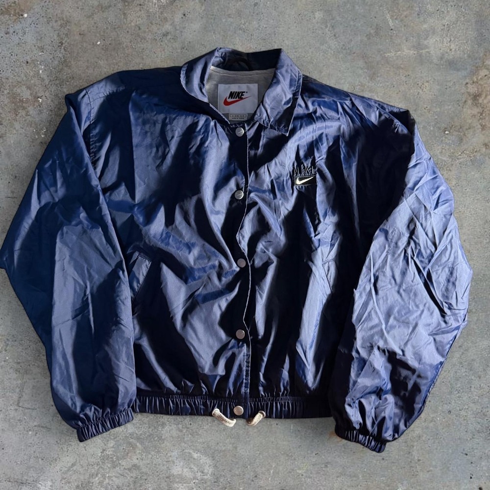 Vintage 90s Nike Navy Blue Coaches Jacket Embroidered Swoosh Snap Youth Medium